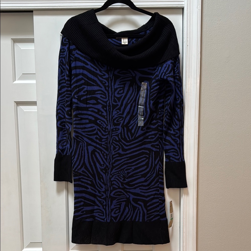 DKNY Black and Blue Animal Print Sweater Dress NWT